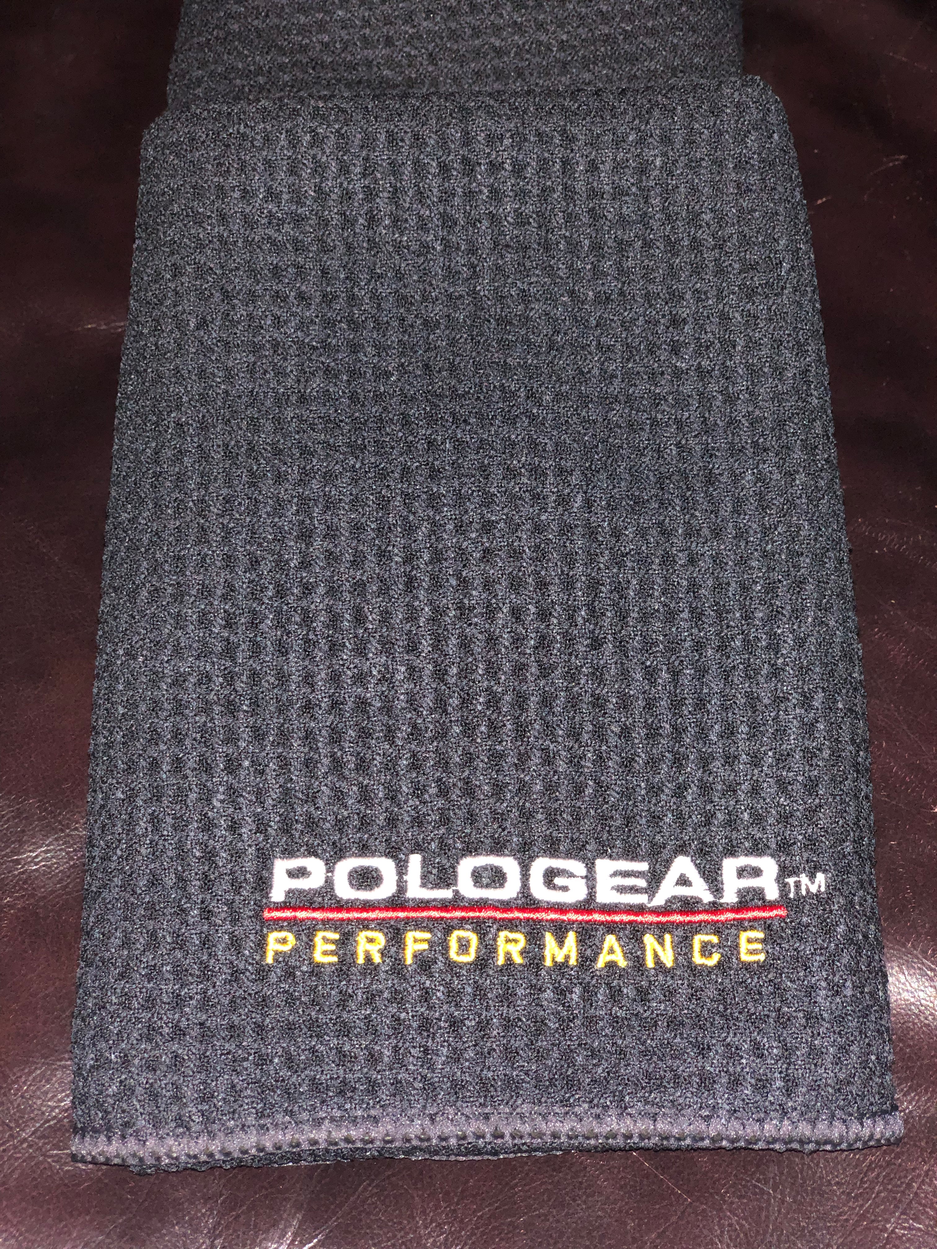 Black moisture-wicking hand towel, embroidered with the PoloGear Performance logo.